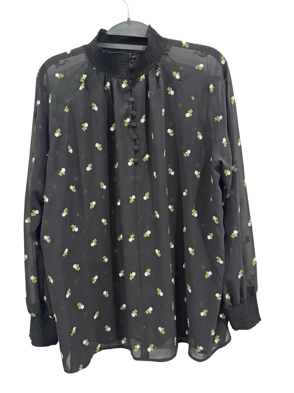 CAbi Black Floral Smocked-Neck Long Sleeve Sheer Blouse